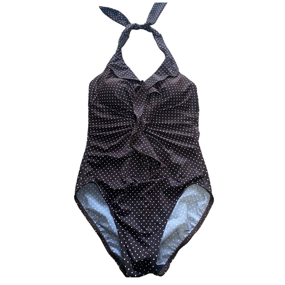 Miraclesuit One Piece Swimsuit Front Ruffle Brown w/White Polka Dots Size Large